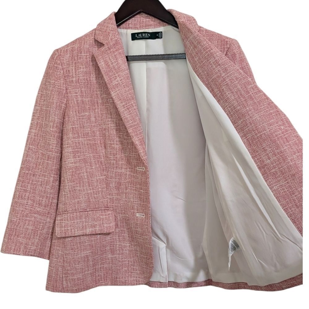 Lauren Ralph Lauren Pink Tweed Textured Shrunken Blazer 3/4 Sleeves - Size 8 - Picture 3 of 10